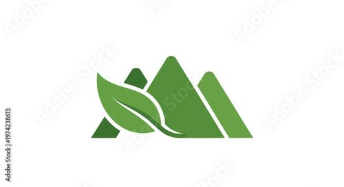 Green leaf and stylized mountains logo design illustration