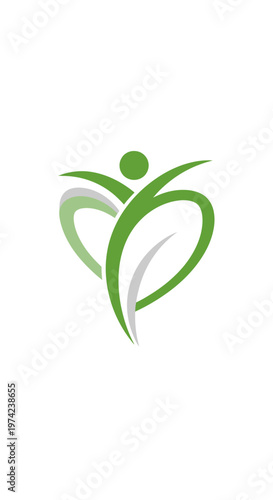 Green stylized human figure with leaf heart shape logo