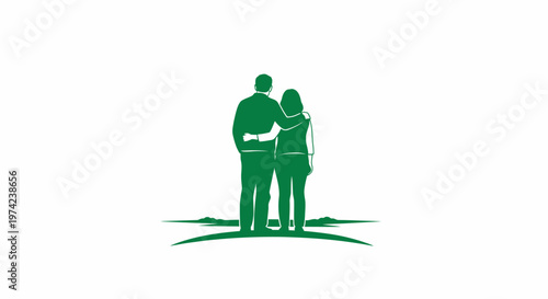 Green silhouette of couple embracing, standing on abstract landscape.