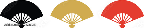 Three folding hand fans in black, gold, and red colors
