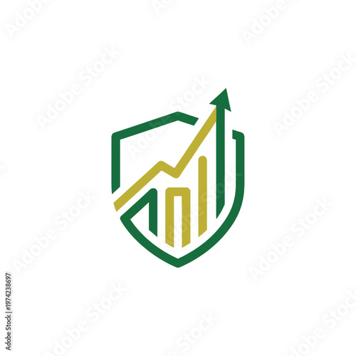 Growing bar graph and arrow inside a security shield icon