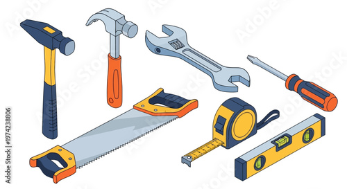 Isometric set of construction and repair tools on white background