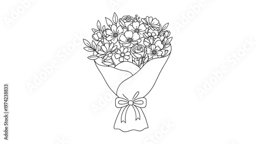 Detailed line art drawing of a beautiful flower bouquet wrapped in paper and tied with a ribbon for coloring book.