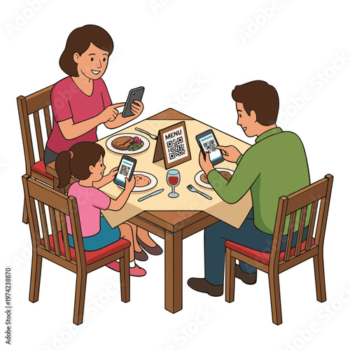 Family having dinner together while using their phones at the table indoors