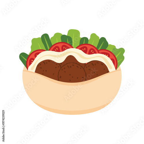 Falafel pita sandwich with vegetables and sauce isolated on white background vector illustration