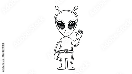 Cute black and white line art character of an alien waving hello with its hand featuring large eyes and antennae on a white background.