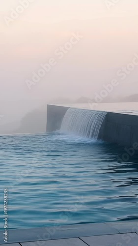 Infinity pool overlooking serene foggy horizon at sunrise