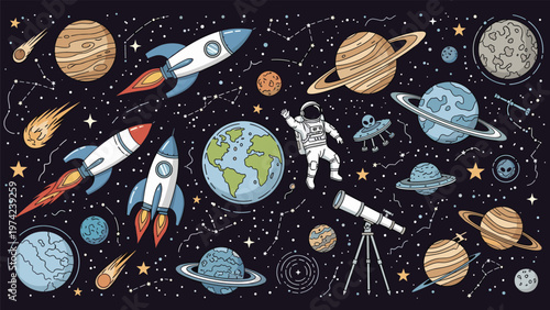 Large and detailed illustration of an outer space scene filled with planets stars an astronaut orbiting rockets and telescopes.