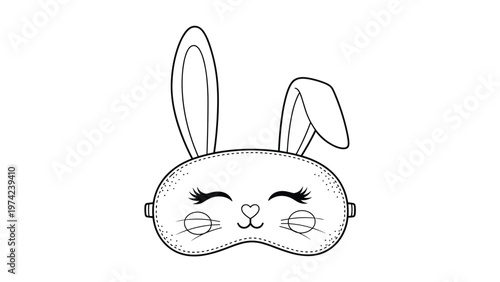 Cute line art illustration of a rabbit themed sleep mask with one floppy ear long lashes and a heart nose for a playful rest accessory.