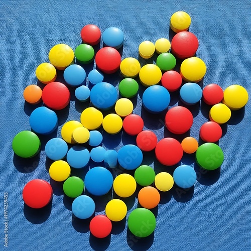 Colorful Spheres Scattered on a Blue Surface.