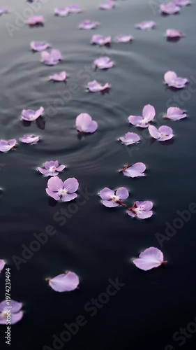Pink petals floating on serene water surface