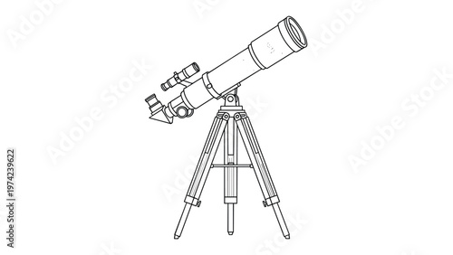 Astronomical telescope mounted on tripod for stargazing and space observation in detailed black and white line art.
