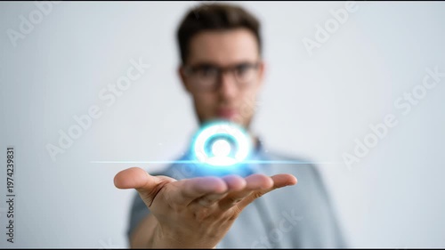 digital wifi signal icon hologram floating center minimal white background blurred human behind clean modern concept