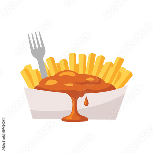 French fries with gravy vector illustration, fast food snack in carton box, cartoon style