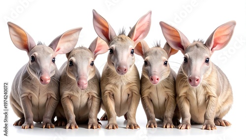 Five curious, small creatures with oversized, upright ears face the viewer against a plain white background. Their fur is a muted, warm tone
