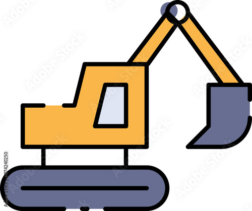 A yellow excavator digs in an industrial landscape with a gray bucket.