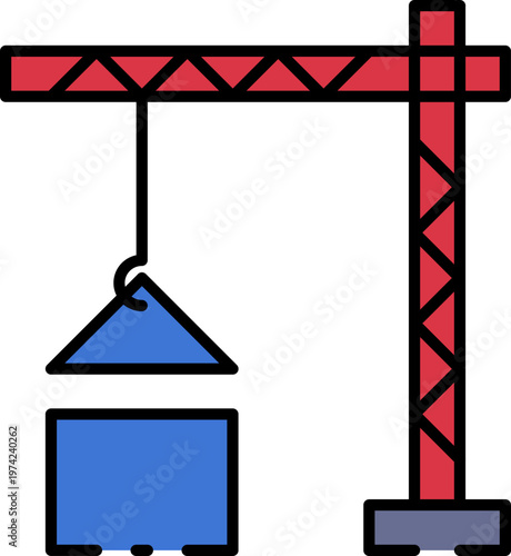 A crane lifts a blue block with a triangular hook outdoors in an industrial setting.