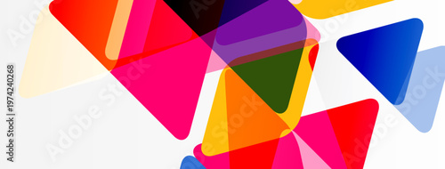 Abstract colorful triangles overlap, creating vibrant geometric composition. Bright hues blend, forming dynamic visual experience.
