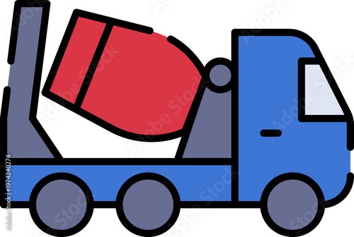 A blue concrete mixer truck carries a red drum on a construction site with wheels and a cabin.