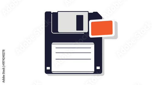 Vintage computer floppy disk storage medium with modern orange sd memory card in conceptual tech illustration.