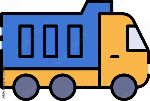 A colorful illustration of a blue and yellow truck driving on the road
