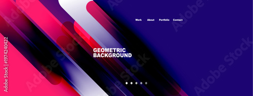 Abstract geometric background features vibrant pink, purple hues. Navigation links present work, about, portfolio, contact. Modern design.