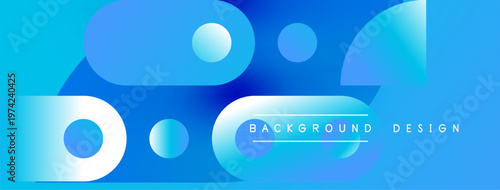 Abstract blue design features overlapping circles, gradients, shapes. Modern aesthetic suitable for backgrounds, presentations.