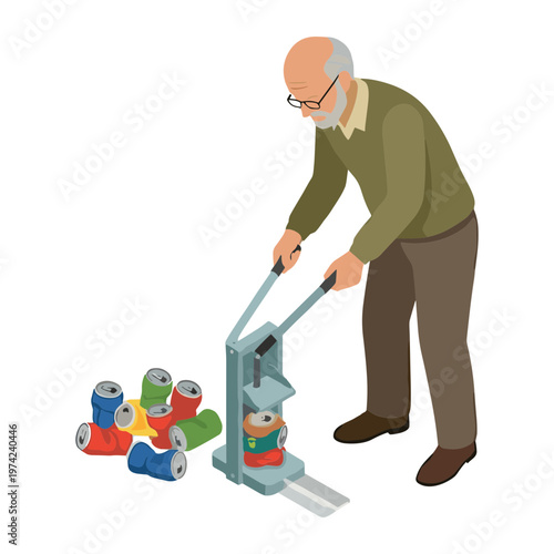 An elderly man is packing colorful rolls with a strapping tool indoors.