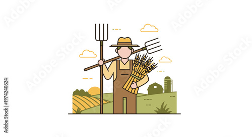 Man in overalls holding wheat bundle.