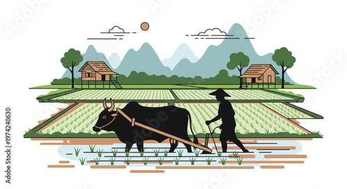 Man Plowing Field with Oxen.