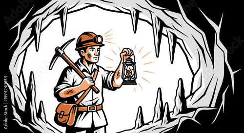 Man holding lantern in mine tunnel.