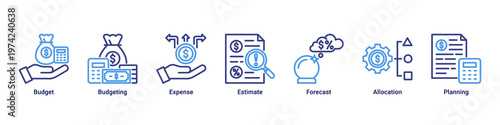 Budget Planning web banner icon vector illustration with icons of Budget,Budgeting,Expense,Estimate,Forecast,Allocation and Planning