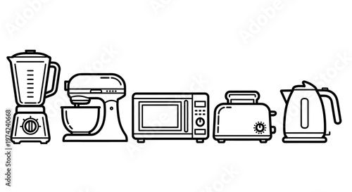 Kitchen appliances in a line drawing.