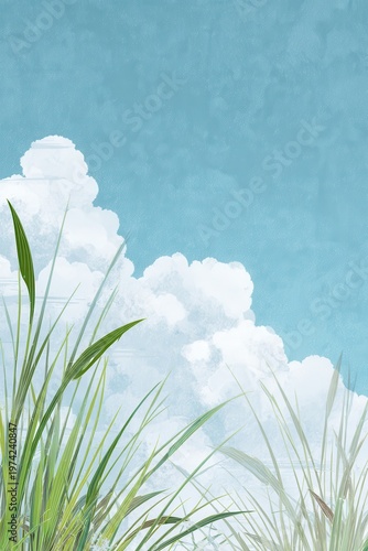 Lush Green Grass Blades Swaying Gently Under a Vast Light Blue Sky Filled with Soft White Clouds and Tiny Speckles of Stars or Dust Particles Creating a Dreamy Serene Outdoor Atmosphere in Daylight