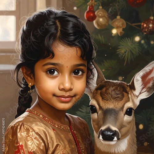 A young girl with dark hair and a deer