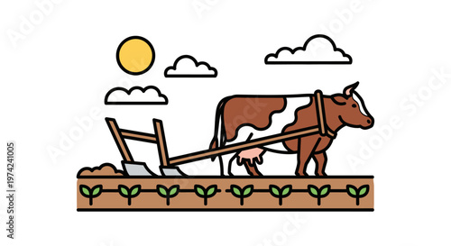 Brown cow pulling wooden plough.