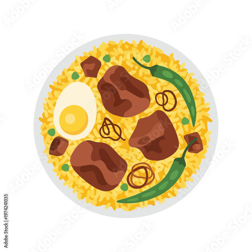 Biryani vector illustration of traditional Indian rice dish with egg, meat, and spices on white background