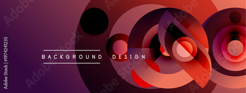 Abstract geometric shapes overlap, creating dynamic color gradients. Purple, red hues dominate design, offering modern aesthetic.