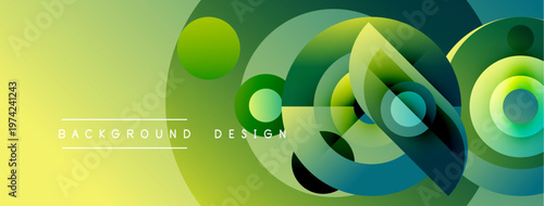 Abstract background features vibrant circles, curves, gradients. Modern design utilizes green, yellow hues, creating dynamic visual effect.