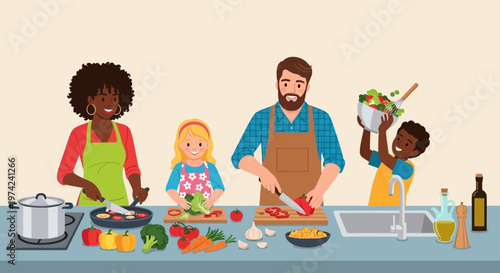 Multi-Ethnic Family Preparing Healthy Meal Together in Kitchen, Parents and Children Cooking Fresh Vegetables, Flat Vector Illustration