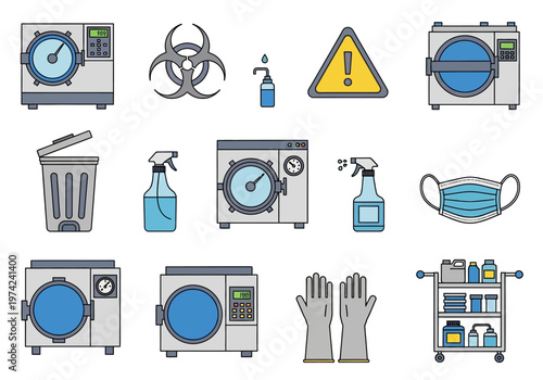 Medical Sterilization and Laboratory Disinfection Equipment Icon Set Featuring Autoclaves, Biohazard Symbols, Cleaning Sprays, Face Mask, and Safety Gloves Vector