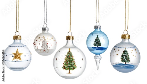 Five decorative glass ornaments, each suspended by a gold or silver cord, feature holiday designs and colorful illustrations against a white backdrop