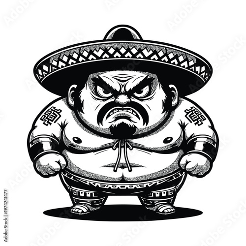Japanese Sumo Fighter Character in Mexican Sombrero Hat Line Art