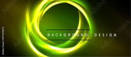 Bright neon circles overlap dark background. Vivid green, yellow hues create dynamic visual effect. Modern design element.