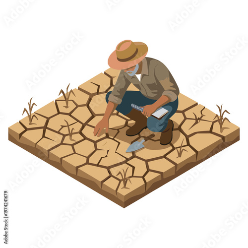 A farmer inspects dry earth on a cracked farm field with a hat and boots.