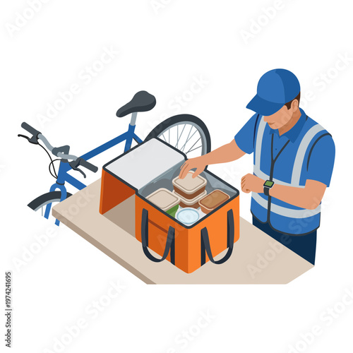 Man in blue uniform packing food into insulated bag next to bicycle on table