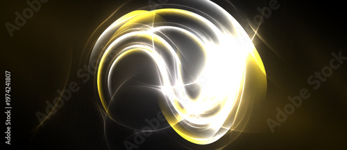 Bright golden energy swirls, forming abstract shapes. Light radiates from center, creating dynamic visual effect. Dark background emphasizes luminosity.