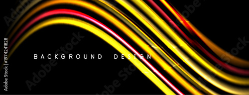 Abstract flowing lines, vibrant colors over black background. Dynamic design creates modern visual impact. Smooth gradients suggest movement.