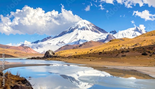 Snowy mountain peaks reflecting on serene lake waters