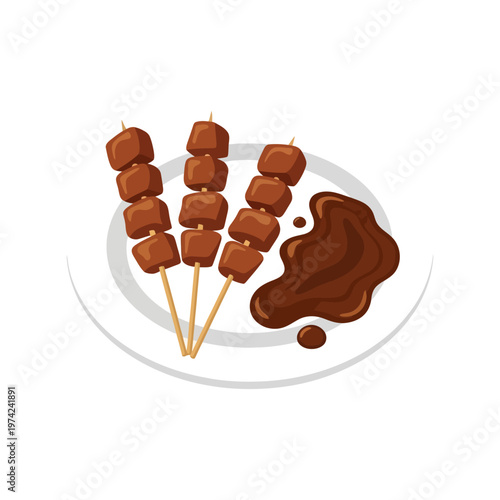 Indonesian satay skewers with peanut sauce on plate vector illustration for food design